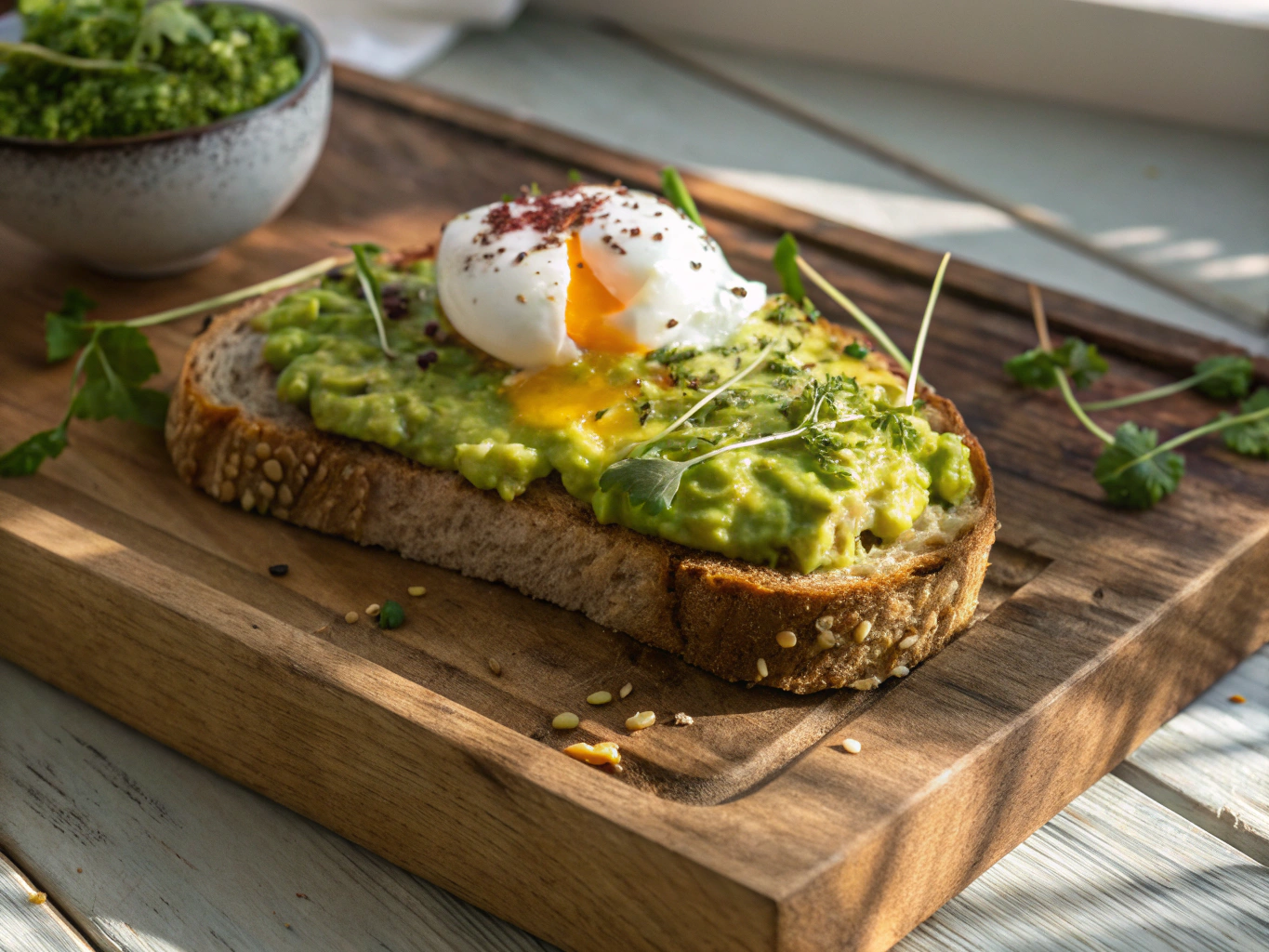 Freshly prepared avocado toast with poached egg and microgreens