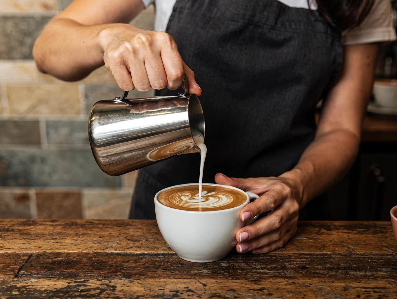Barista pouring latte art into a ceramic mug