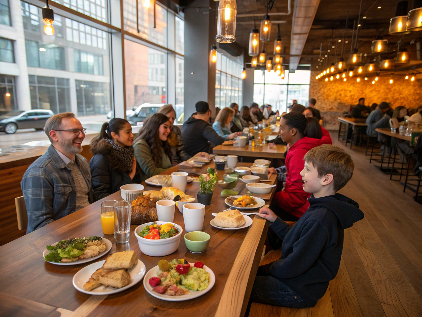 Friends laughing at a communal brunch table