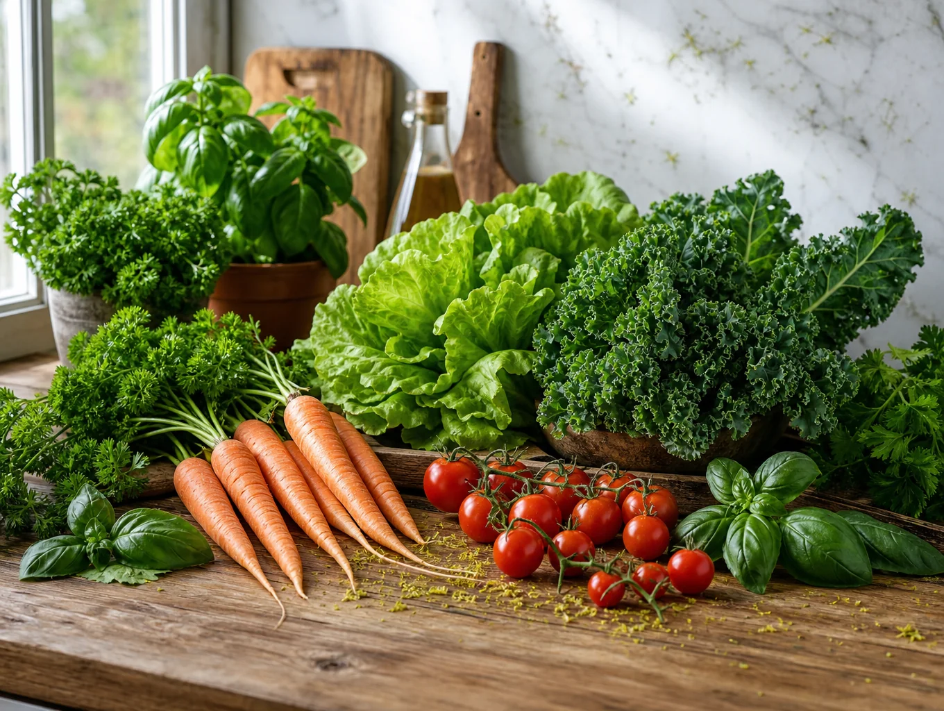 Fresh seasonal vegetables and herbs on a wooden counter