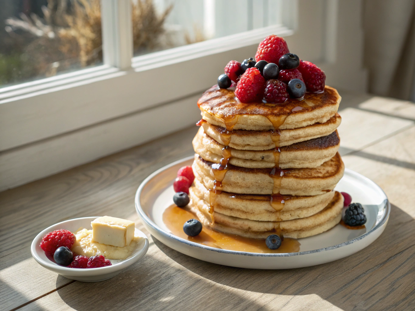 Fluffy pancake stack with seasonal berries and maple syrup