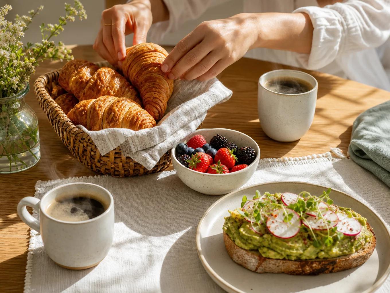 Fresh brunch spread with coffee and seasonal dishes