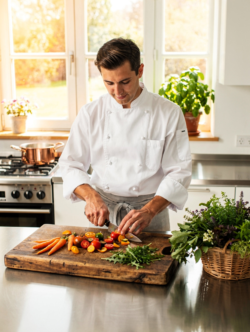Chef preparing fresh seasonal brunch dishes in a sunlit kitchen